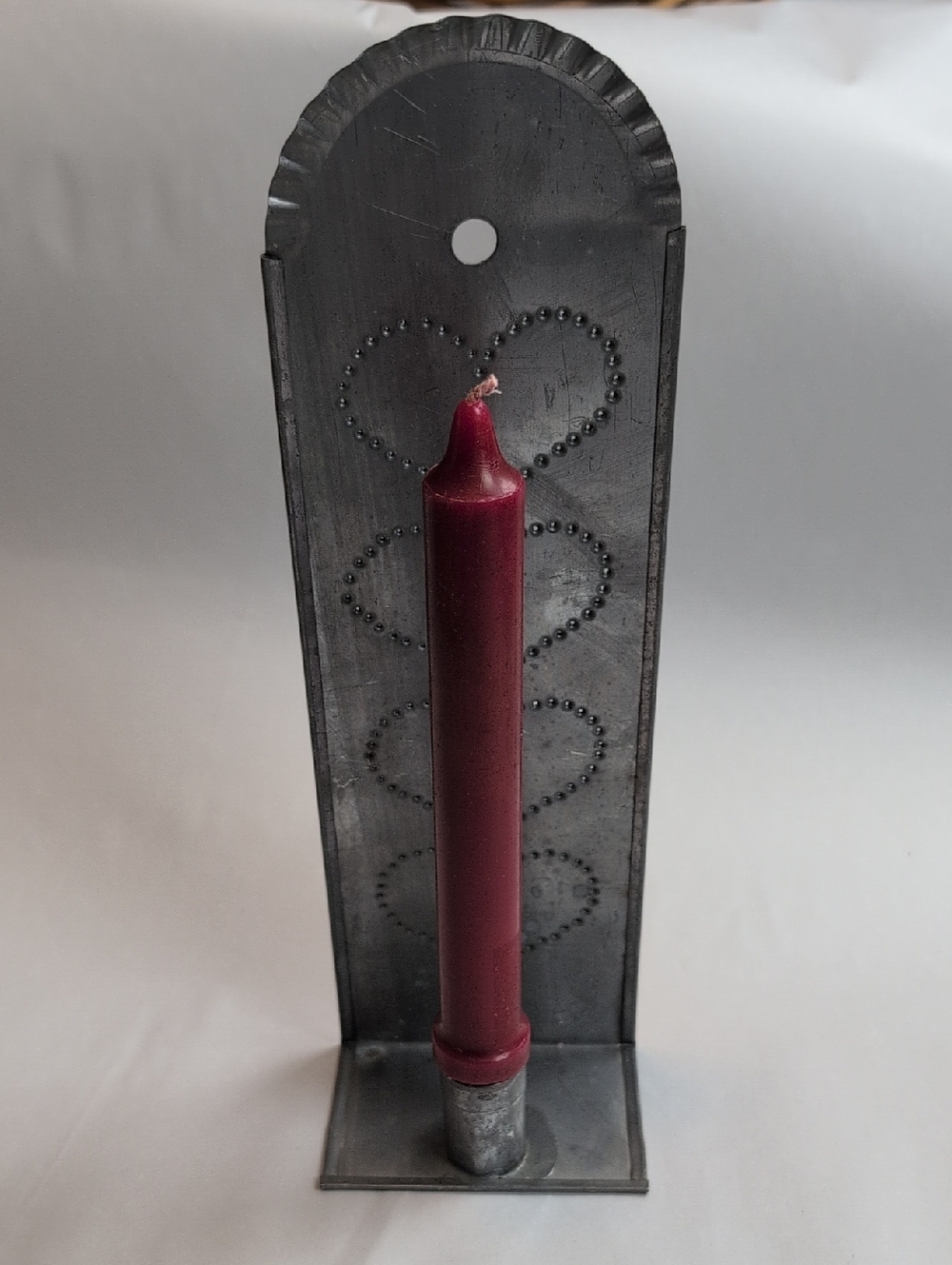 Vintage Handcrafted Gray Metal Punched Tin Hearts Wall Candle Sconce